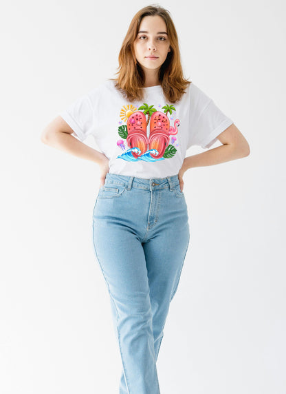 Retro Flamingo & Crocs T-Shirt – Fun Summer Graphic Tee for Beach Lovers