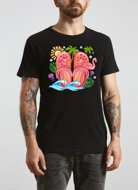 Retro Flamingo & Crocs T-Shirt – Fun Summer Graphic Tee for Beach Lovers