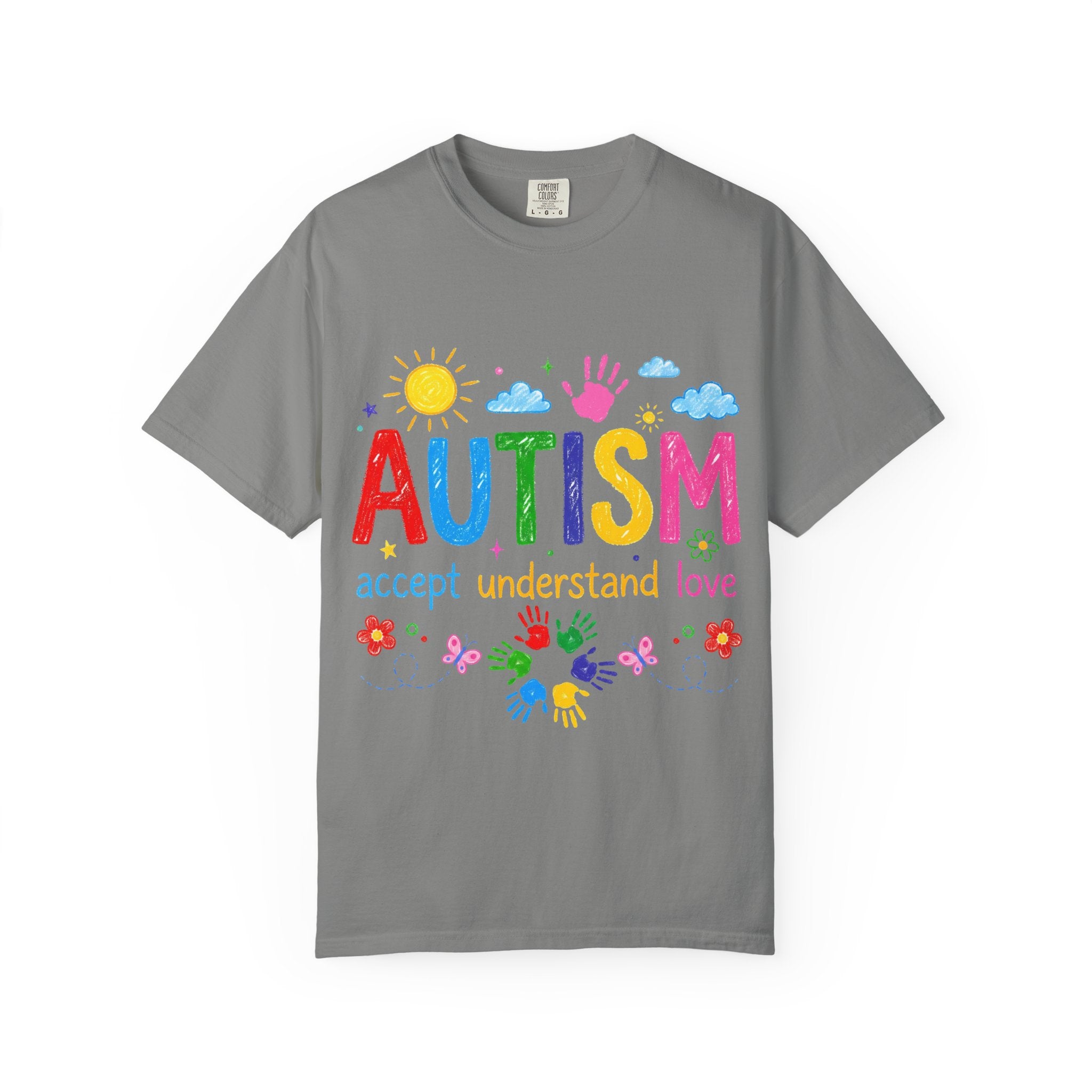 Autism Awareness T-Shirt — "Autism: accept understand love" Colorful Handprint Design