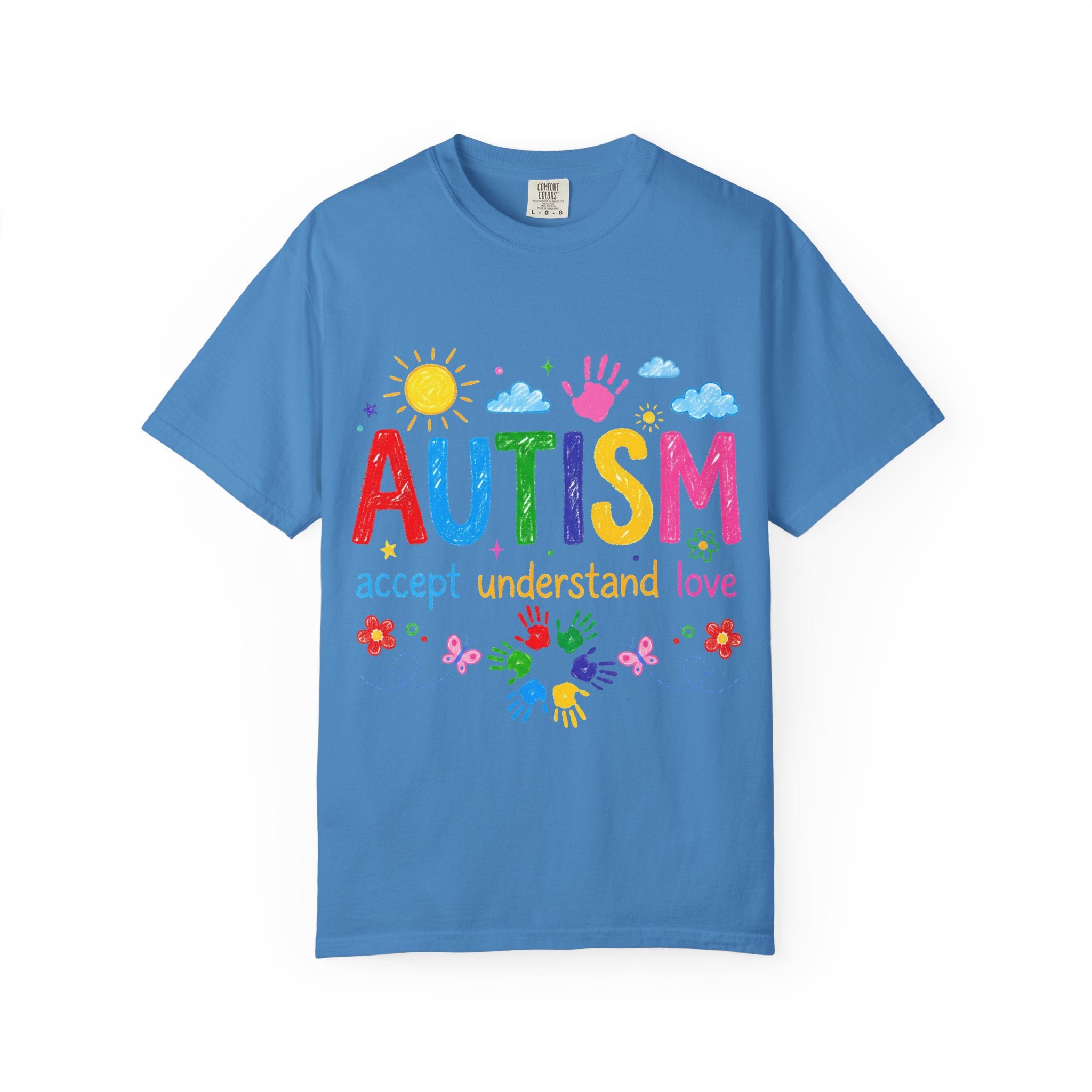 Autism Awareness T-Shirt — "Autism: accept understand love" Colorful Handprint Design