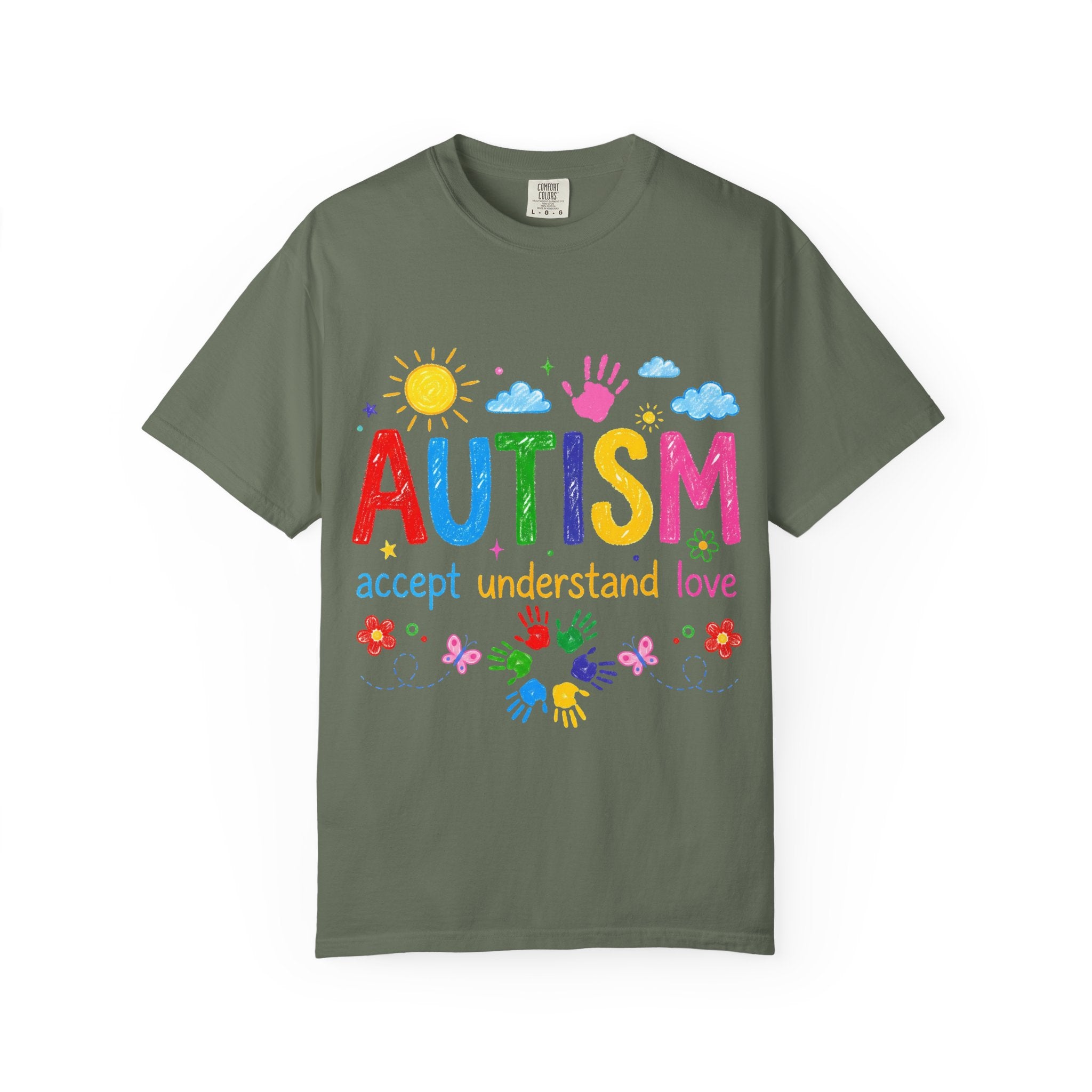 Autism Awareness T-Shirt — "Autism: accept understand love" Colorful Handprint Design